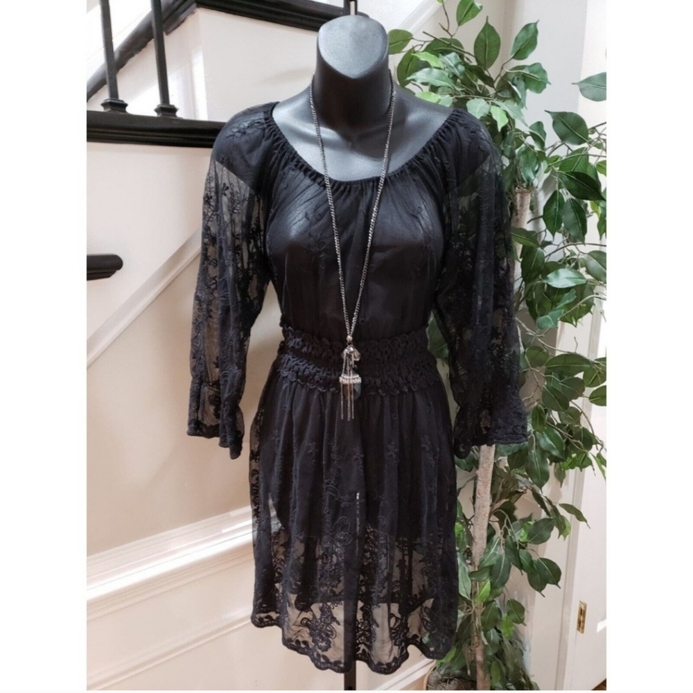 Ultra Pink Black Lace Mini Dress Sheer Bell Slv Smocked Waist 7Q7112 Small NEW